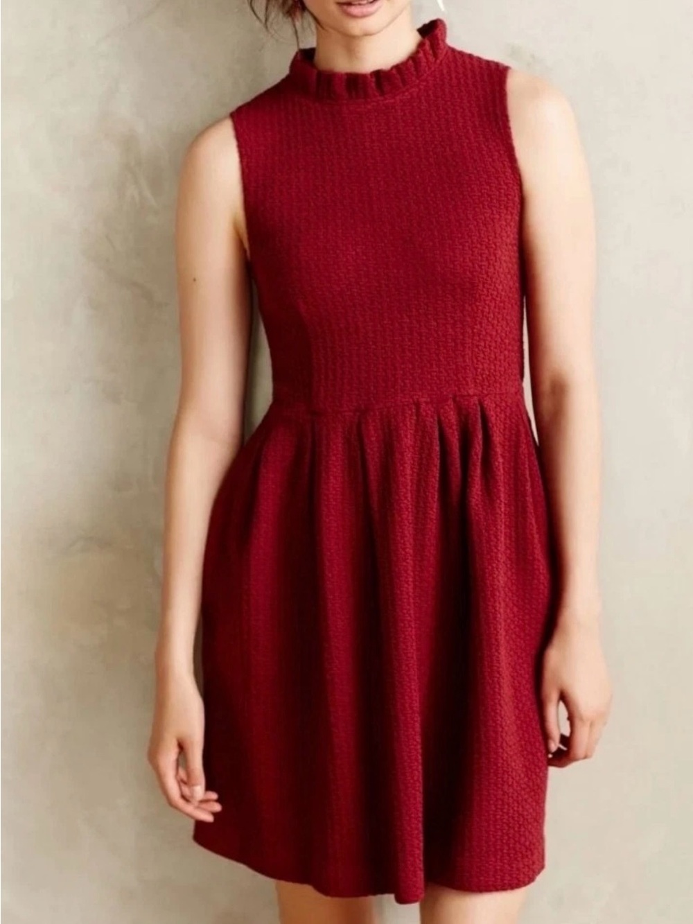 Anthropologie GANNI Pinnacle Dress Sz S Burgundy Fit & Flare Mock Neck Scandi